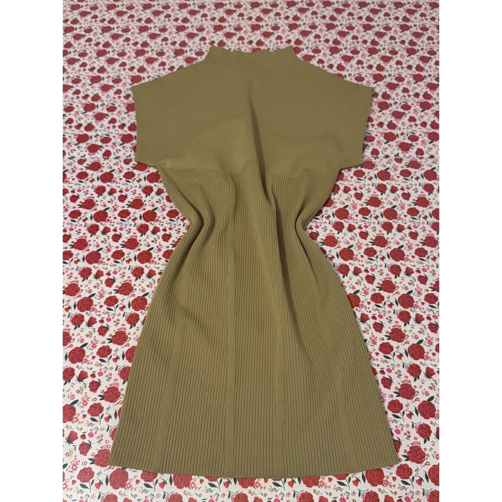 By Anthropologie Rib Knit Mock Neck Sleeveless Sweater Dress Tan Khaki Medium d3